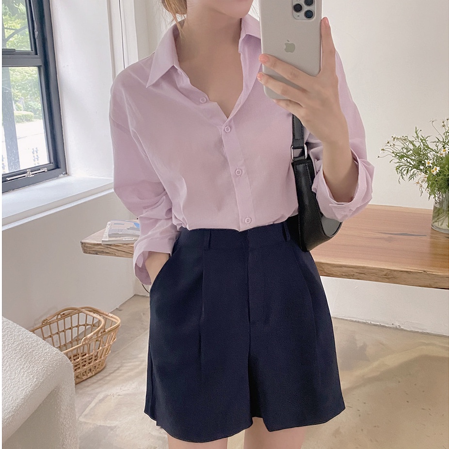 Áo Sơ Mi Tay Dài Dáng Rộng Thiết Kế Đơn Giản Dễ Phối Đồ Thời Trang Mùa Thu Phong Cách Hàn