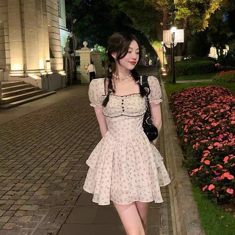 Váy Hoa Cổ Vuông Tay Phồng Thời Trang Hè Đầm Chữ A Đính Nơ Nữ