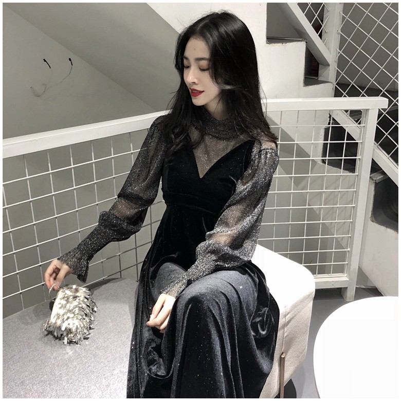 (Sẵn M) M29 - Đầm nhung Ulzzang dáng dài phối lưới kim sa sang trọng có Bigsize