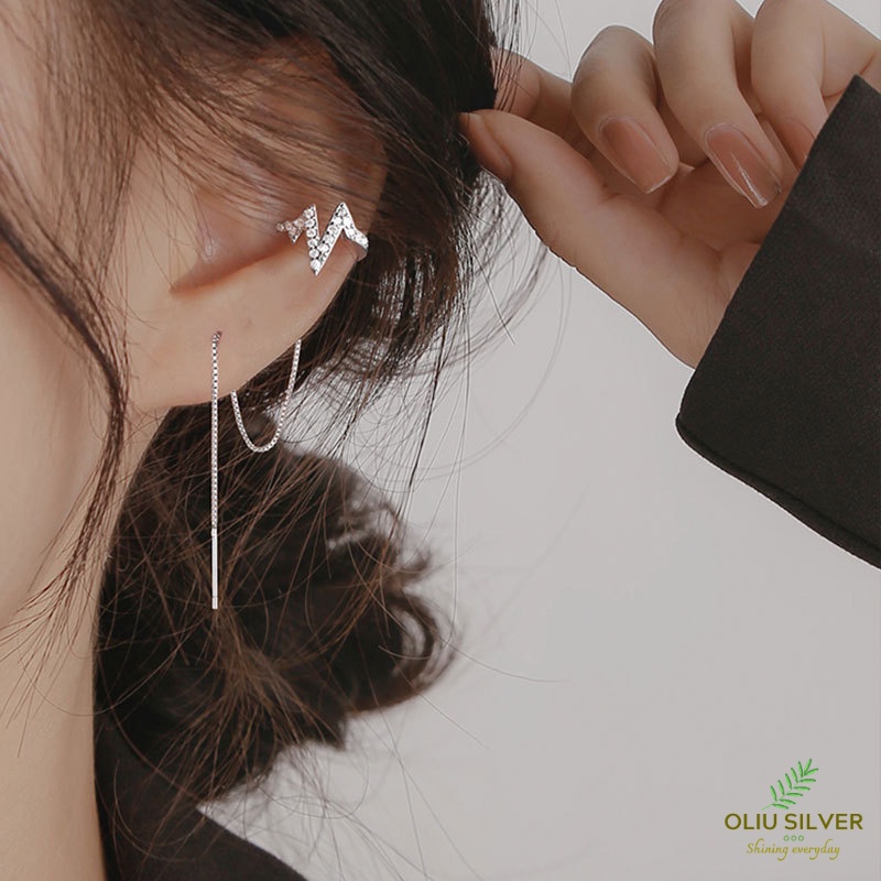 Bông Tai Bạc S925 Ear Cuff Kẹp Vành Nhịp Tim Sợi Thả Trẻ Trung Cá Tính | Khuyên Tai Nữ Trang Sức Bạc Thời Trang