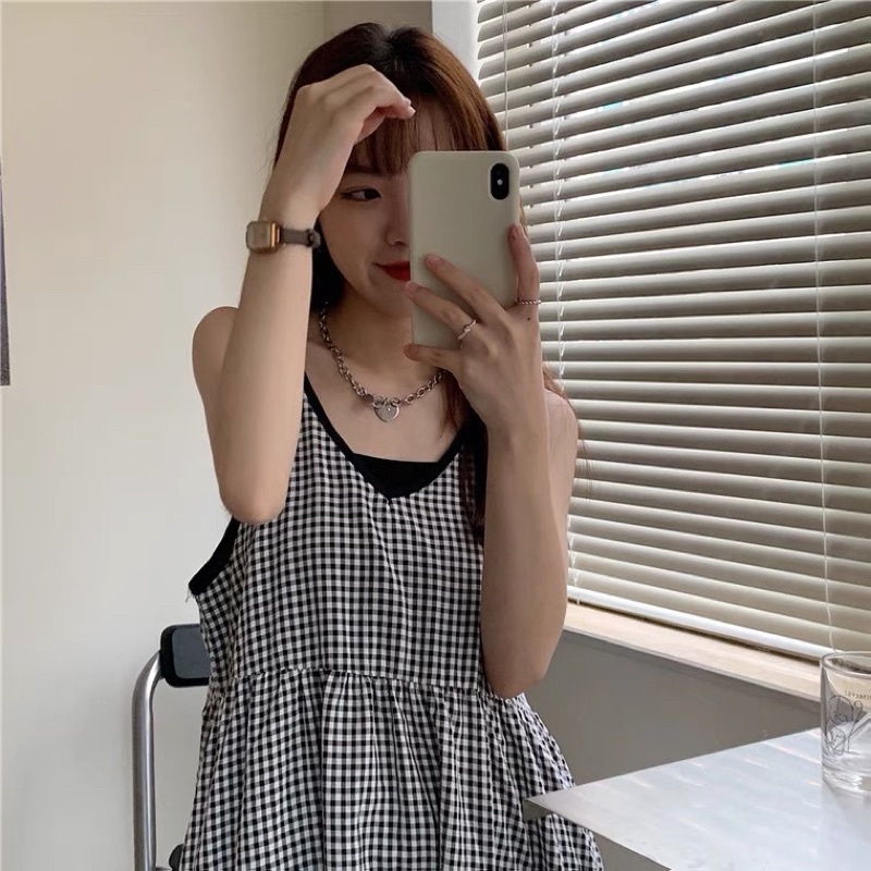 Đầm Nữ Cổ Chữ V Eo Thắt Dây Sọc Caro Thời Trang Nữ