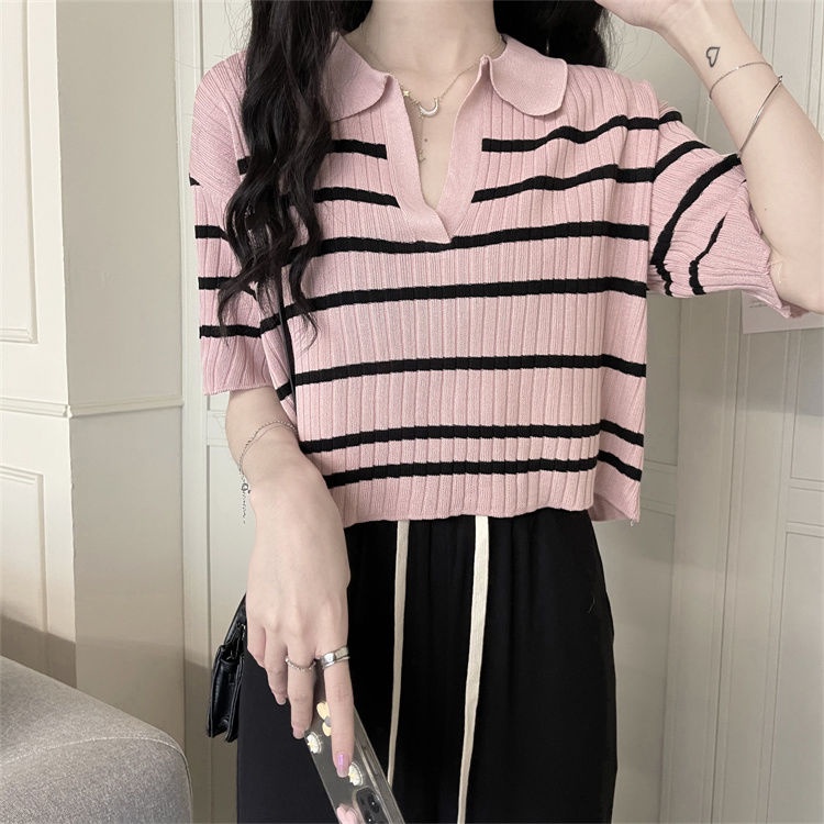 Áo Thun Dệt Kim Cổ polo Tay Ngắn Họa Tiết Kẻ Sọc Thời Trang Cho Nữ WT-TX-311