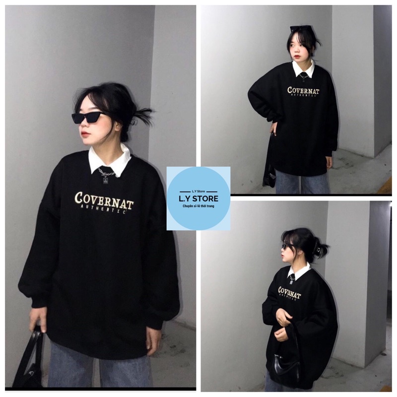 Áo Nỉ Tay Bồng Covernat L.Y Store Nữ [FREESHIP]  Sweater form rộng hiphop, thun đen in chữ basic cá tính Ulzzang