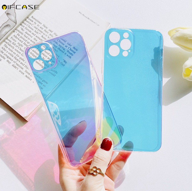Compatible For iPhone 12 Mini 12 11 Pro Max XS Max XR X 7 8 6 6s Plus Phone Case Purple Gradient Rainbow Laser Blu-ray Glitter Bling Color Colorful Simple Transparent Clear Soft TPU Casing Case Cover