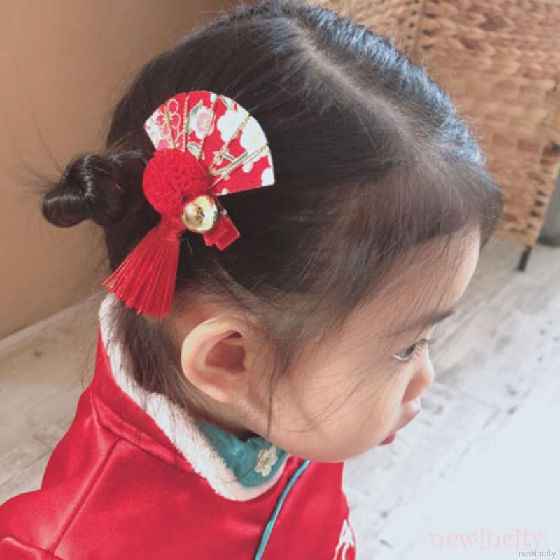 Kẹp tóc đính nơ hình bông hoa phong cách Trung Hoa xinh xắn cho bé gái