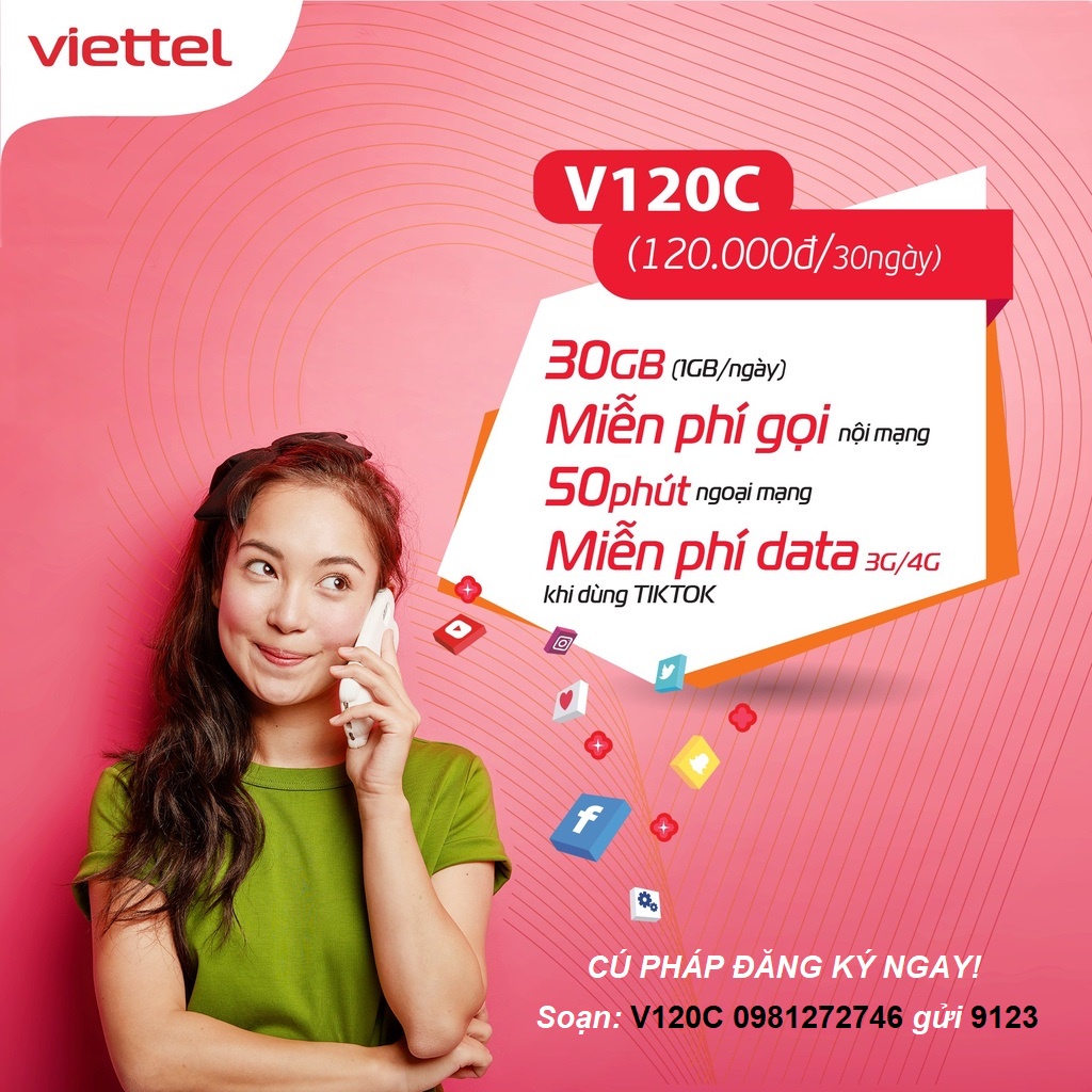 Sim 4G VIETTEL V120C - 2GB/Ngày, Miễn Phí 50p Gọi Ngoại Mạng + Nội Mạng - Free Data Truy Cập MXH TikTok. Hàng Chính Hãng