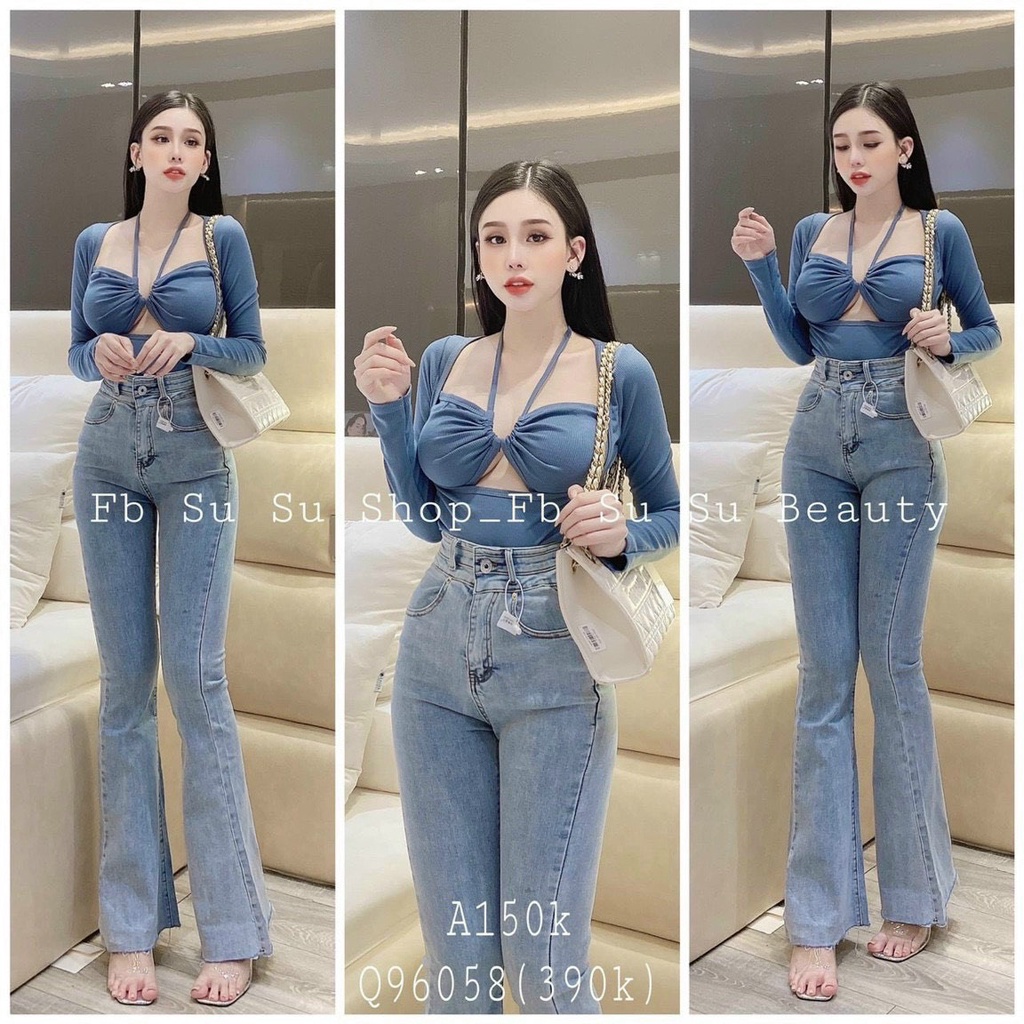 áo tay dài có mút khoét ngực cột dây cổ sexy chất gân đẹp lth