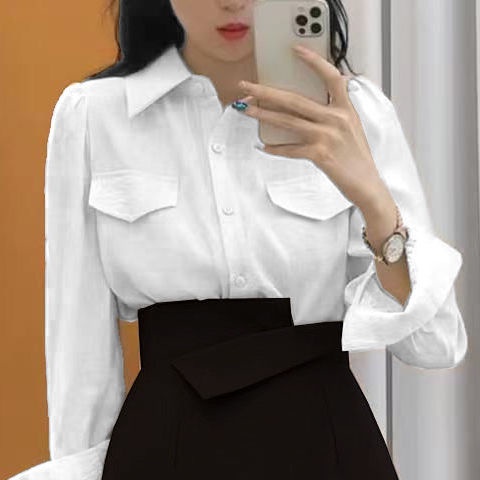 Bộ Áo Sơ Mi Lệch Tà Phối Chân Váy Kiểu Retro Thời Trang Mùa Thu Cho Nữ