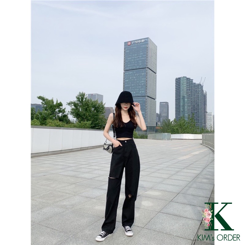 Quần jeans nữ màu đen basic ống suông rộng phong cách Ulzzang hai phiên bản trơn và rách ống đủ size loại 1 chuẩn phom