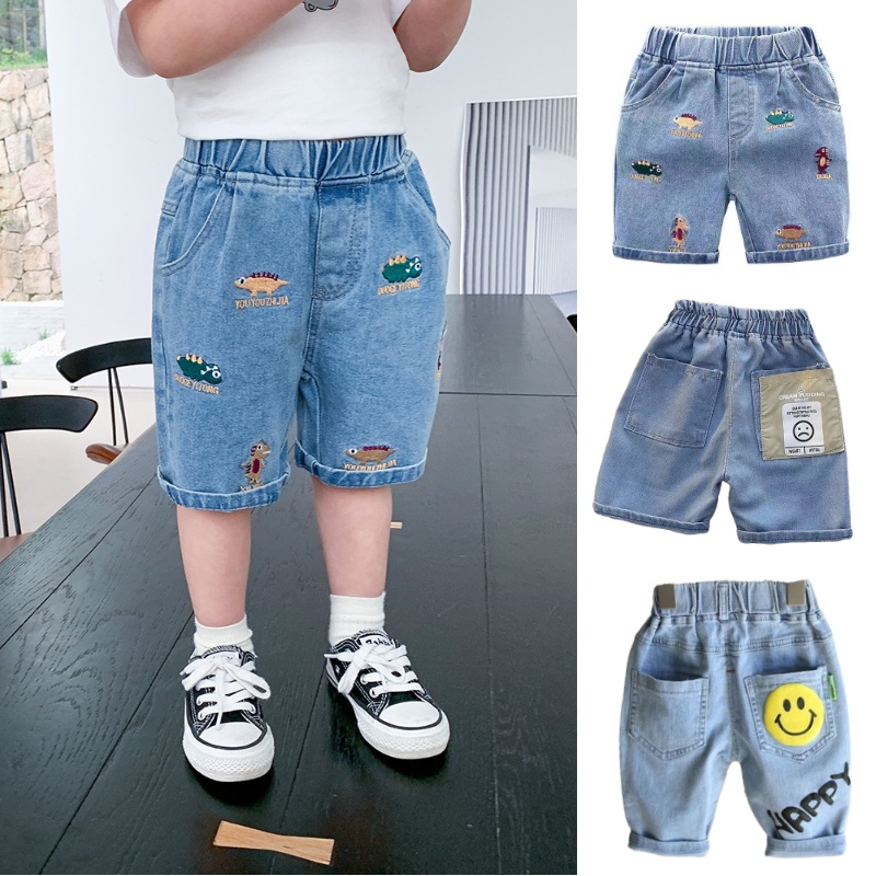 Quần Short Denim Mềm Thêu Họa Tiết Dễ Thương Phong Cách Hàn Quốc Cho Bé 1-8 Tuổi