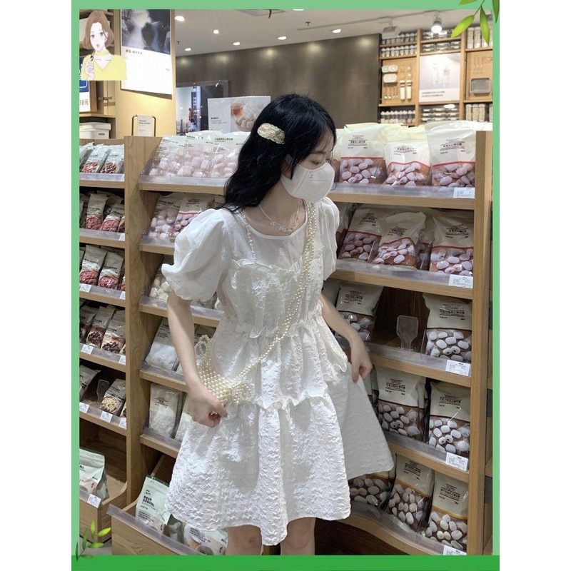 Váy babydoll Đầm Ngắn Hai Dây Giả Hai Mảnh Đính Ngọc Trai Nhỏ Phong Cách Pháp Thời Trang Mùa Hè Hàng Mới Dành Cho Bạn Nữ