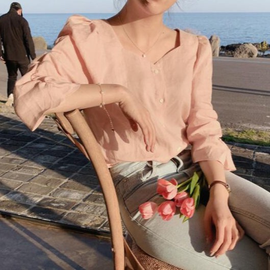 Áo Kiểu Tay Ngắn Cổ Chữ V Màu Trơn Thanh Lịch 38204