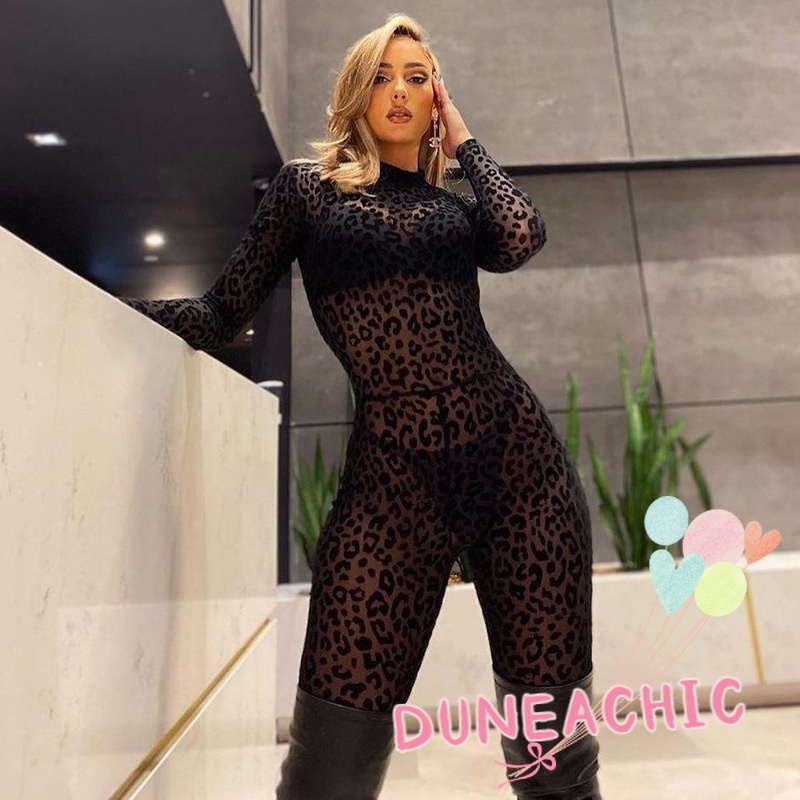 DUNEA Áo liền quần Tay Dài Xuyên Thấu Họa Tiết Da Báo Quyến Rũ Cho Nữ