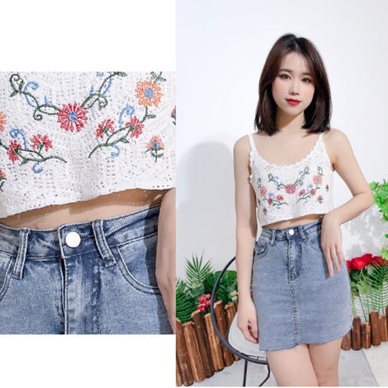 Áo Croptop Dệt Kim Không Tay Thêu Hoa Nhiều Màu Sắc Dành Cho Nữ