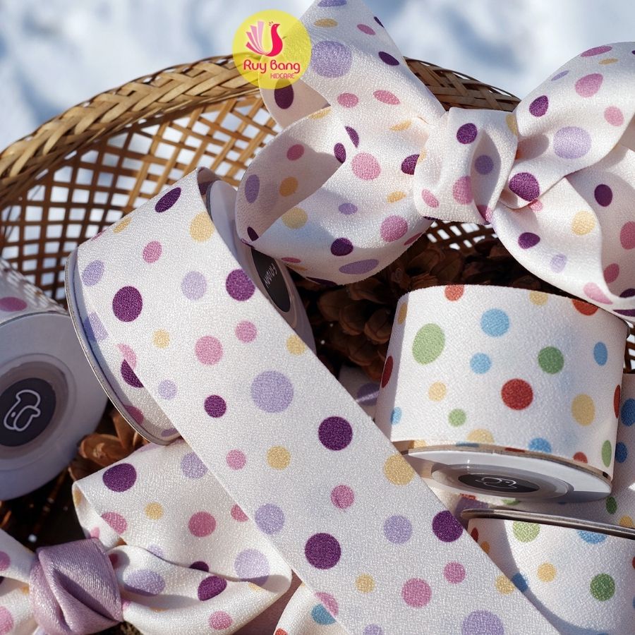 Ruy băng chấm bi HQ 38mm dùng làm nơ bờm, kẹp tóc RB2215