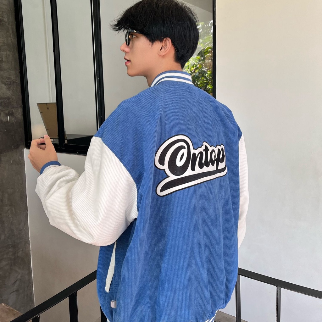 Áo Khoác Varsity Jacket Corduroy màu xanh dương bomber bóng chày basic nam nữ form rộng Local Brand ONTOP