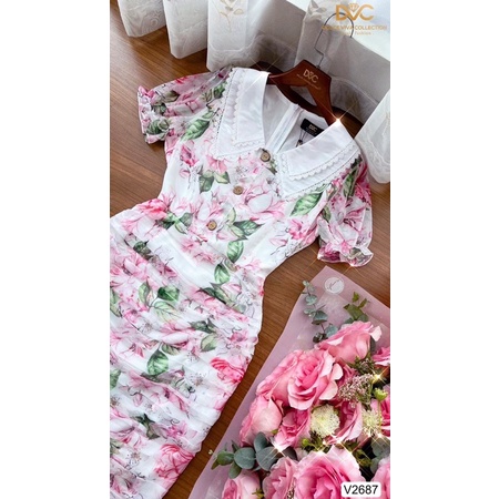 V2687 - váy body voan hoa hồng