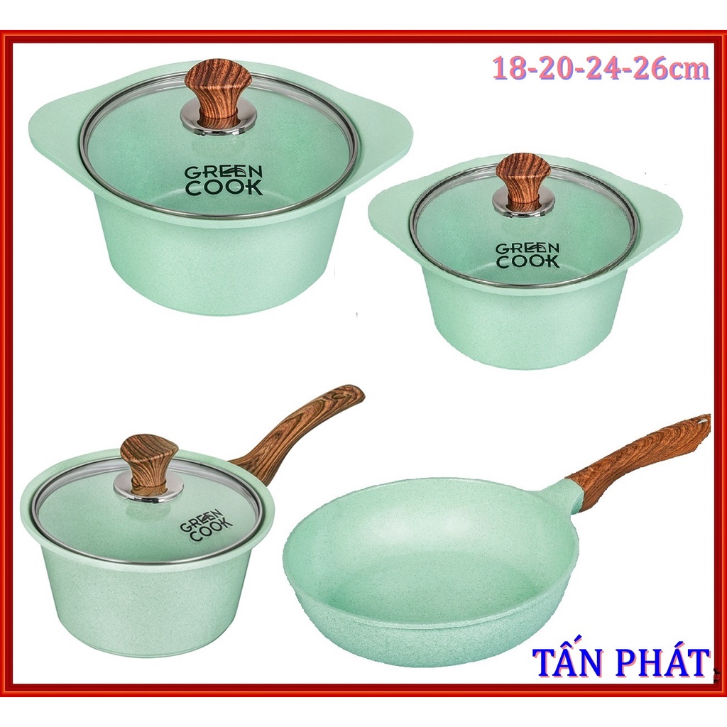 BỘ NỒI CHẢO ĐÚC MEN ĐÁ green cook (màu xanh ngọc)