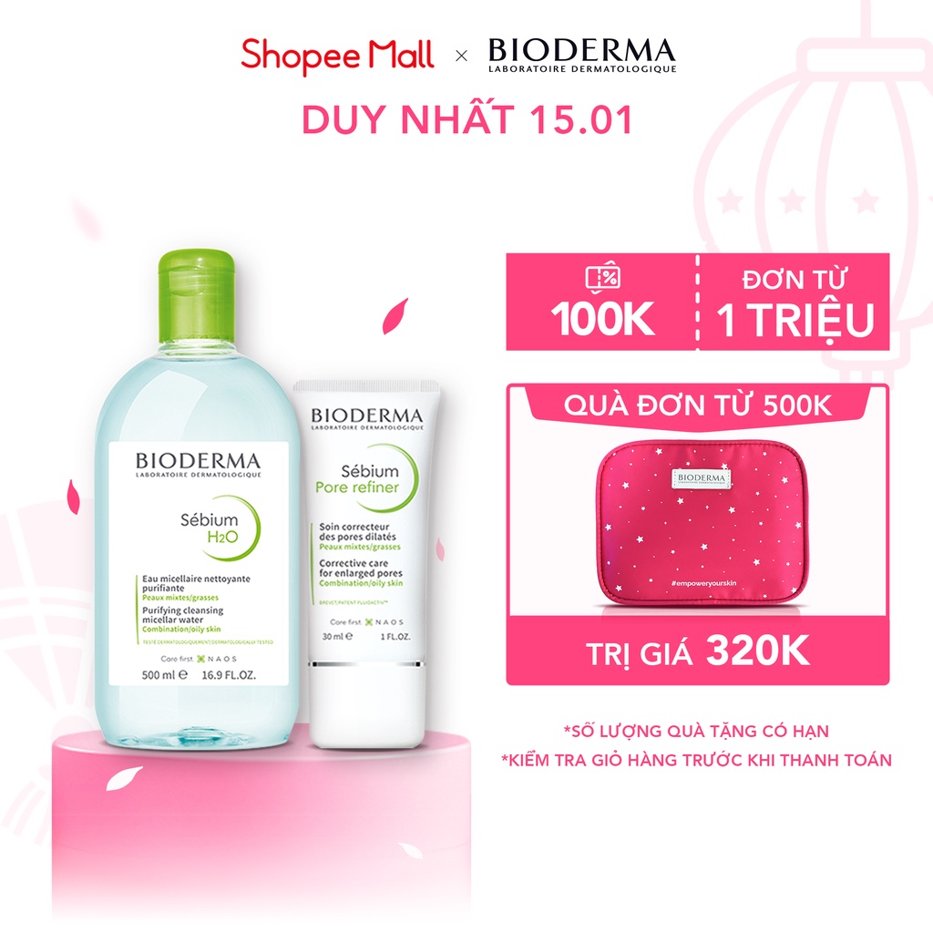 Bộ đôi làm sạch micellar cho da hỗn hợp và da dầu Bioderma Sebium H2O 500ml và kem dưỡng se lỗ chân lông 30ml