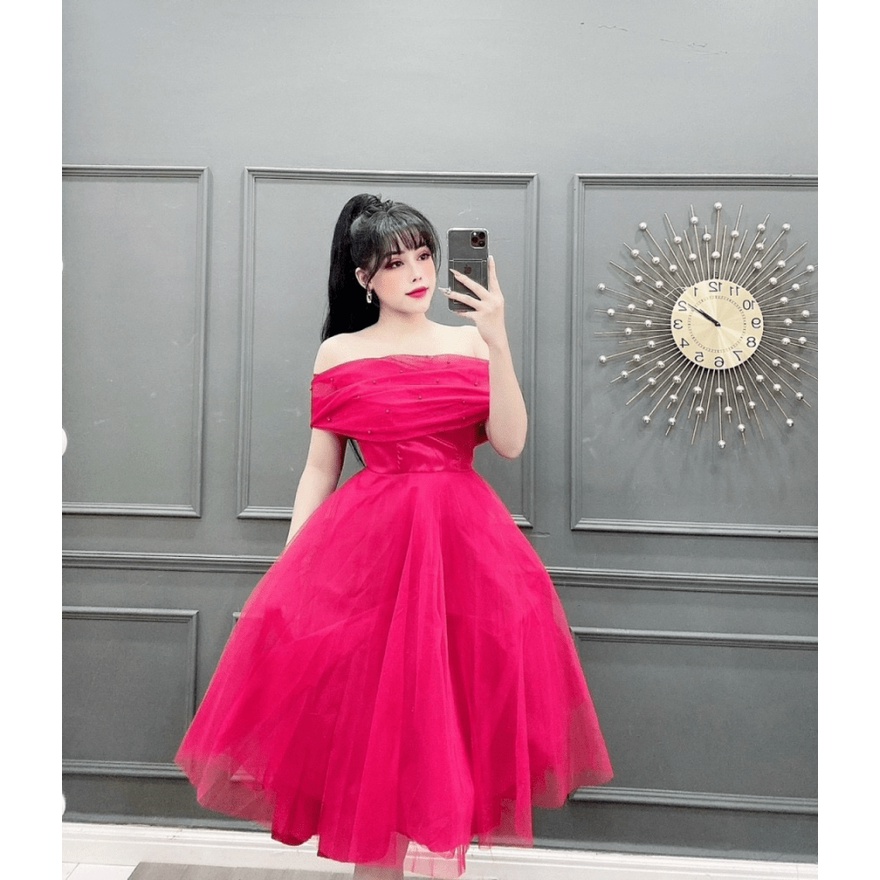 ĐẦM XÒE LƯỚI DỰ TIỆC SANG CHẢNH HÀNG THIẾT KẾ KHOE VAI TRẦN SEXY PU