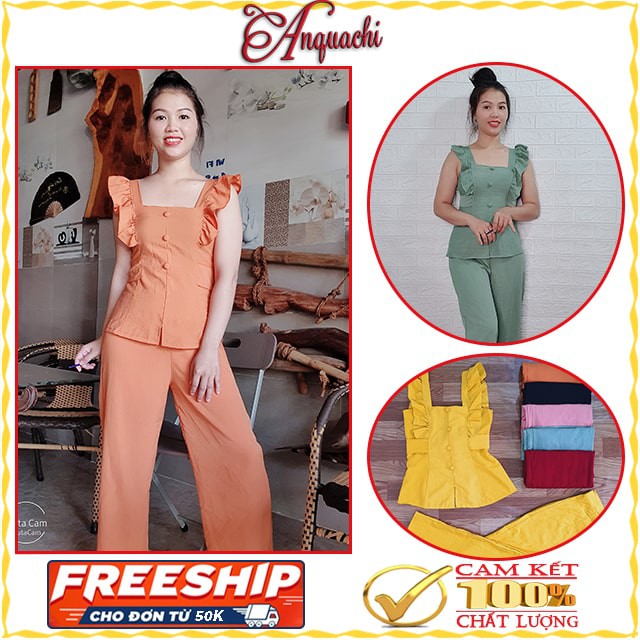 Đồ bộ đũi xướt quần dài form ống rộng FREESIZE dưới 60kg, che khuyết điểm, tôn dáng, vải thoáng mát, mềm mại - Anquachi