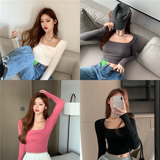 Gợi Cảm Rốn Crop Cổ Vuông Dài Tay Áo Thun Nữ Thu Đông Slim-Fit Đáy Áo Sơ Mi Slim-Fit Slim Hơn Nhìn Đen Ngắn Top wd1359