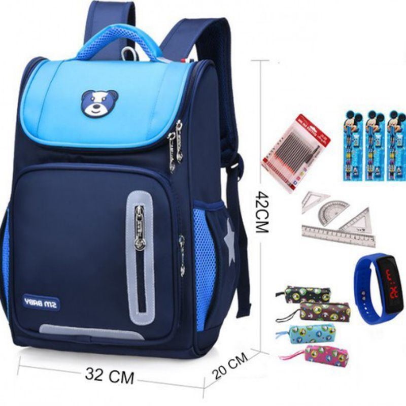 Cặp học sinh cấp 1, balo chống gù lưng, chống thấm nước SM baby chính hãng, thiết kế hình gấu đáng yêu