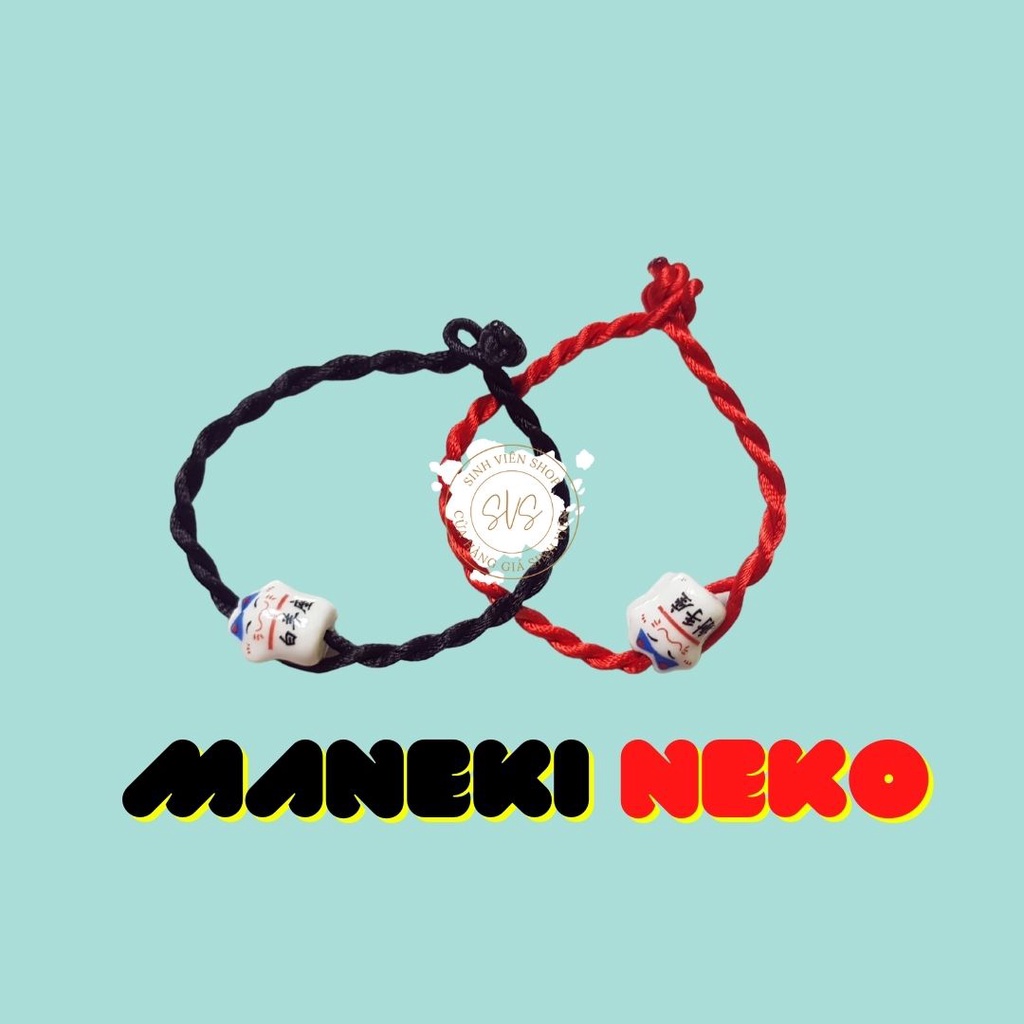 Vòng dây tim đỏ đen charm mèo Nhật Bản Maneki Neko