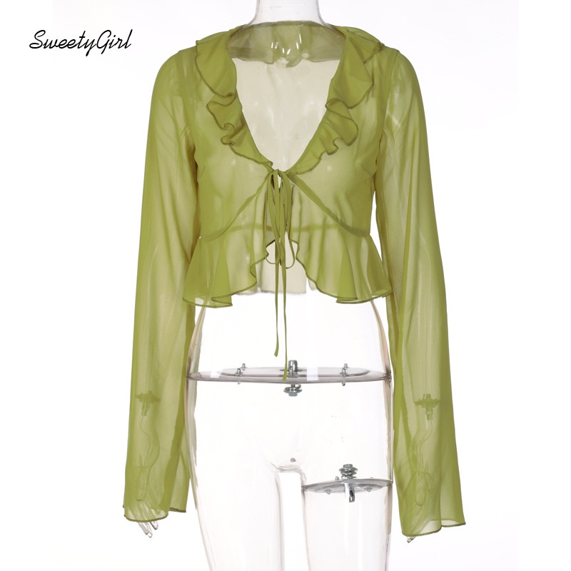 Áo Croptop Tay Dài Cổ Chữ V Màu Trơn Trong Suốt Viền Phồng Phong Cách Đường Phố Cho Nữ