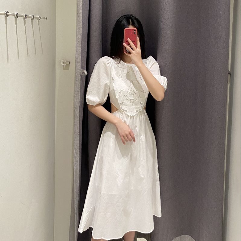 ĐẦM TRẮNG KHOÉT EO THÊU HOA ZR XUẤT XỊN