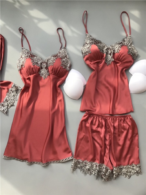 💥❤️HOT HOT💋✨QQ4336 cobom váy ngủ 4 sản phẩm - đồ ngủ lụa satin cao cấp | BigBuy360 - bigbuy360.vn