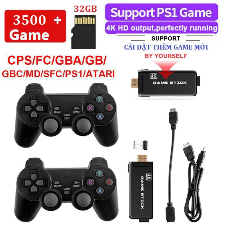 Máy Chơi Game Stick 4K 4 Nút HDMI Không Dây Hơn 3500 -10000 Trò Chơi Cổ Điển PS1/ATARI/MAME/SFC/FC/GBA/GB/GBC/MD