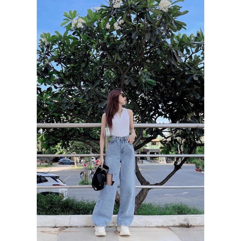 Quần baggy jeans ống rộng lưng cao rách gối | BigBuy360 - bigbuy360.vn