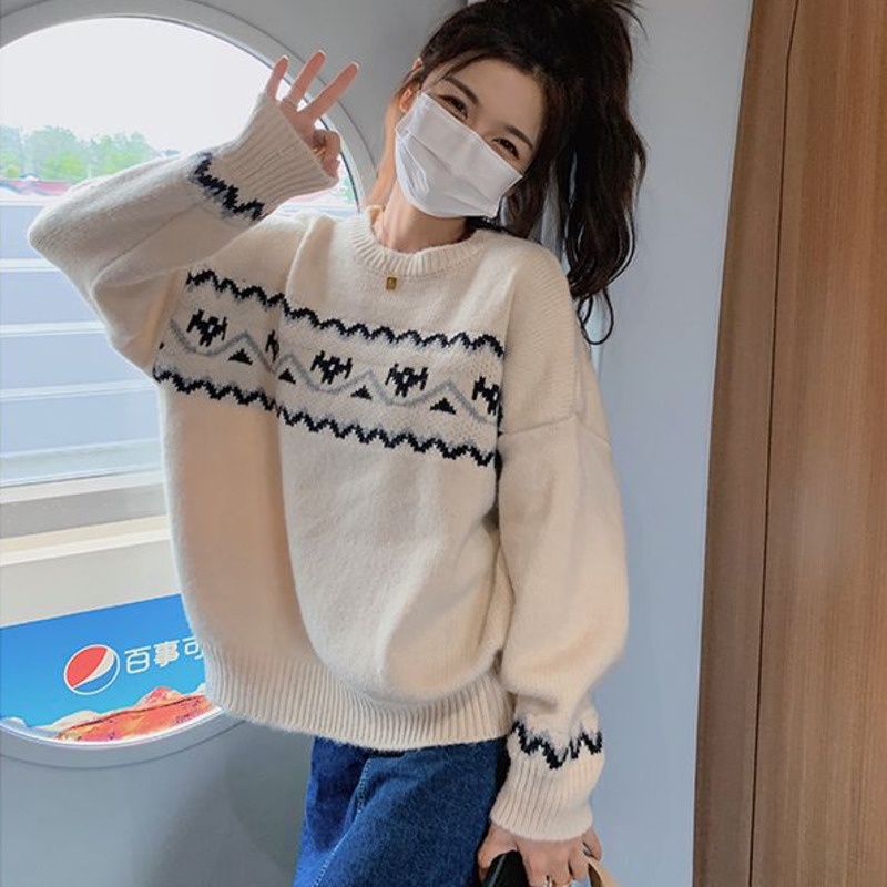 Áo Sweater Dệt Kim Tay Dài Dáng Rộng Kiểu Retro Hàn Quốc Dễ Thương