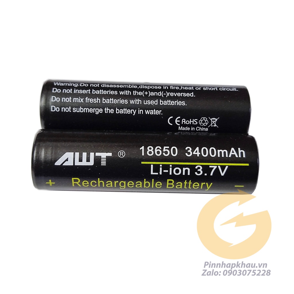 Pin sạc 18650 hãng AWT Dung lượng cao 3400mAh xã 15A nội trở 20 ôm 3.7v sạc đầy 4.2v