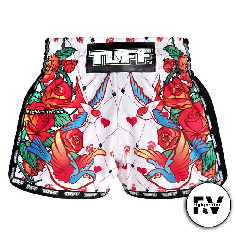 Quần TUFF Muay Thai Boxing Shorts White Retro Style - Hoa Hồng Trắng