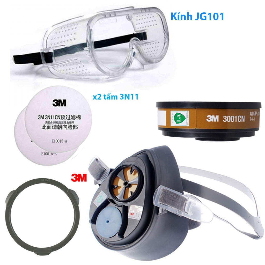 3M 3200-Mặt nạ phòng độc 3M có kính chống hóa chất 3M 334, JG101 lọc hơi acetone, xăng dầu dùng phun sơn, phòng khói độc