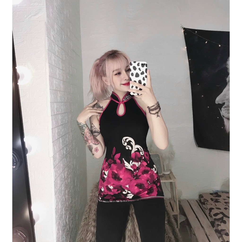 Áo kiểu ba lỗ yếm cổ tàu phối màu xinh , chất thun lạnh mềm mịn mát