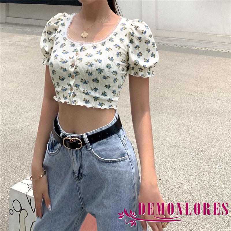 Áo Lửng Tay Phồng In Hoa Thời Trang Mùa Hè Xinh Xắn Cho Nữ