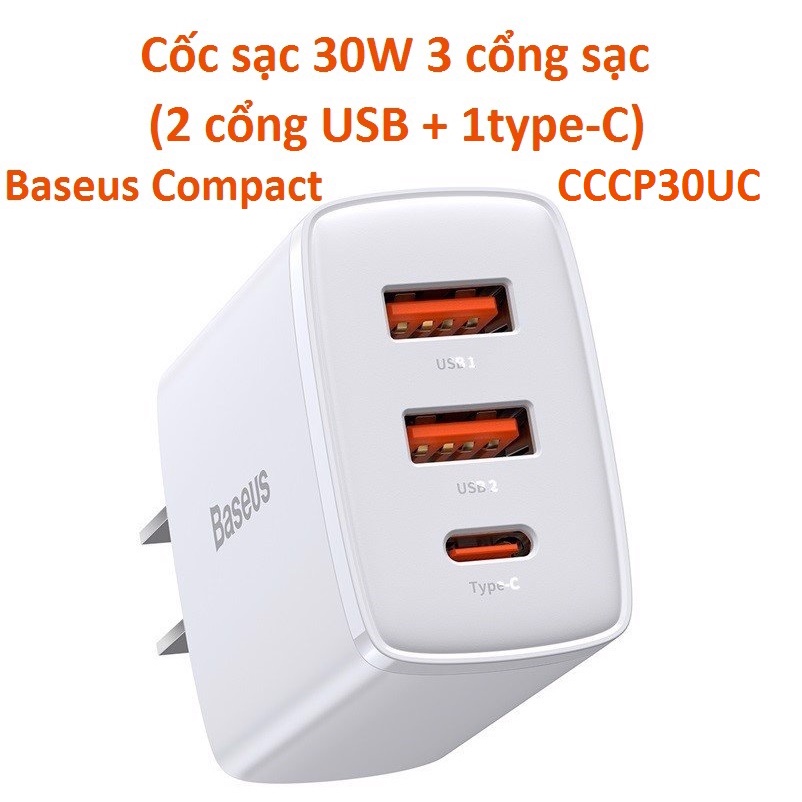 Cốc sạc 30W 3 cổng sạc (2U+1C) Baseus Compact CCCP30UC