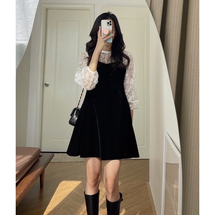 Set Váy Nhung Đen Mix Áo Ren