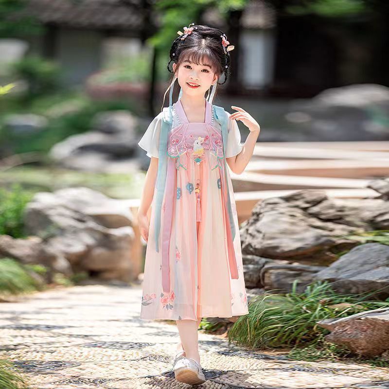 Đầm Hán Phục Tay Ngắn Phong Cách Trung Hoa Cổ Điển Chất Liệu Chiffon Thời Trang Mùa Hè Cho Bé Gái