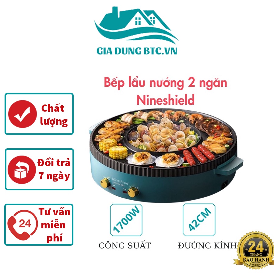 Bếp lẩu nướng Nineshield 2in1 2 NGĂN LẨU - Mặt phủ chống dính cao cấp, làm nóng nhanh, nướng không khói - Bh 1 năm