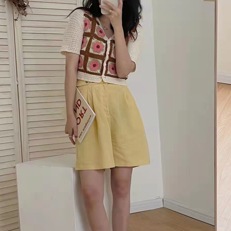 Áo Croptop Dệt Kim Tay Ngắn Cổ Chữ V Thêu Họa Tiết Hoa Thời Trang Mùa Hè Cho Nữ