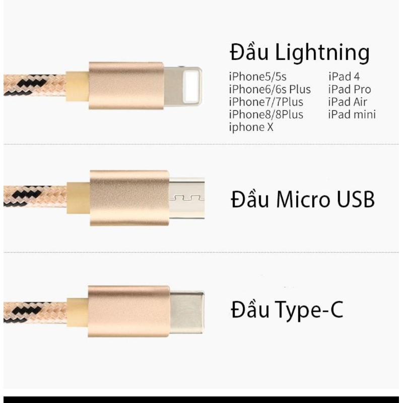 Cáp Sạc 3 Đầu đa năng  IPhone - Micro Usb - Type C Dây Dù Chống Đứt Dài 1M - BH 3 Tháng 1 đổi 1 (MÀU SẮC NGẪU NHIÊN)