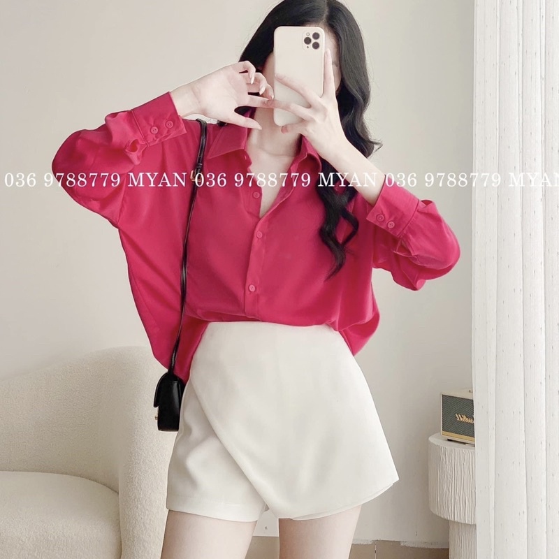 Set Áo Sơ Mi Hồng Mix Chân Váy Chữ A Trắng Dáng Rộng