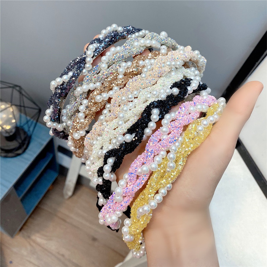 Băng đô cài tóc đính hạt ngọc trai nhân tạo và kim sa lấp lánh phong cách Hàn Quốc thời trang dành cho nữ
