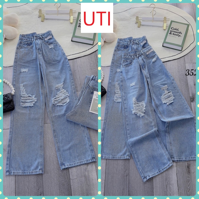 QUẦN JEANS ỐNG RỘNG NỮ LƯNG CAO LAI CUỐN RÁCH ĐÙI CÀO NHẸ XANH NHẠT MỀM MỊN SIÊU XỊN SÒ HOT HIT UTI