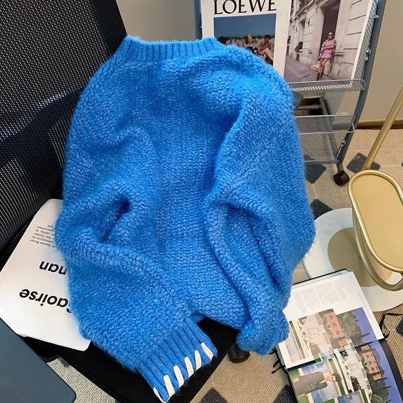 Áo Sweater Dệt Kim Phối Tua Rua Màu Xanh Dương Dễ Thương Xinh Xắn Cho Nữ