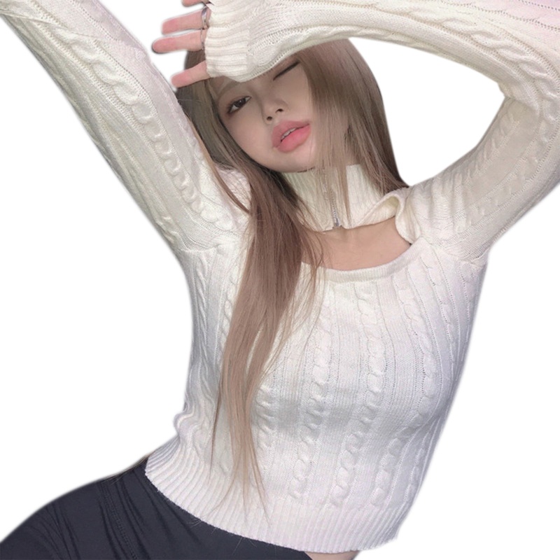 Brroa Áo Crop Top Dệt Kim Tay Dài Cổ Lọ Dây Kéo Rỗng Phía Trước Màu Trơn Gợi Cảm Phong Cách Harajuku Cho Nữ